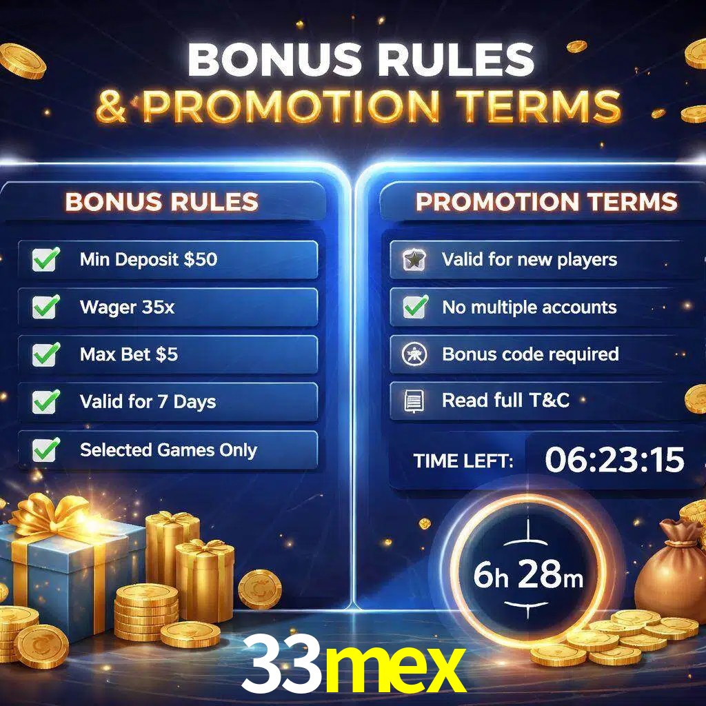 Reglas de promoción 33mex y condiciones de bonos explicadas visualmente