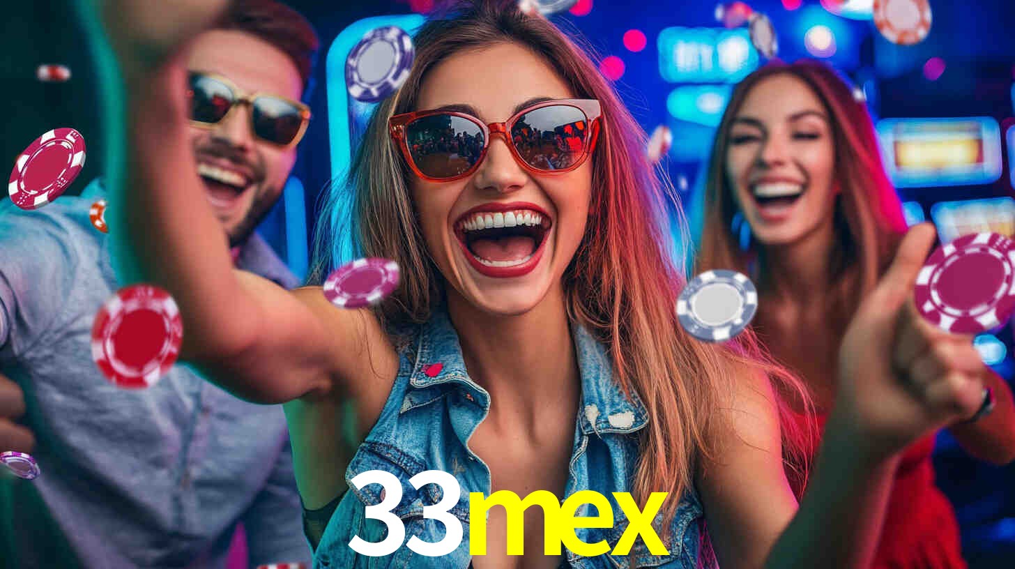 Una escena digital vívida inspirada en casino con 33mex mostrado prominentemente, luces brillantes, fichas, cartas y acentos dorados.