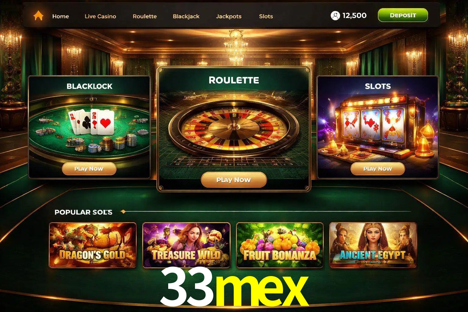Vista de la plataforma 33mex Casino mostrando categorías organizadas de juegos en línea