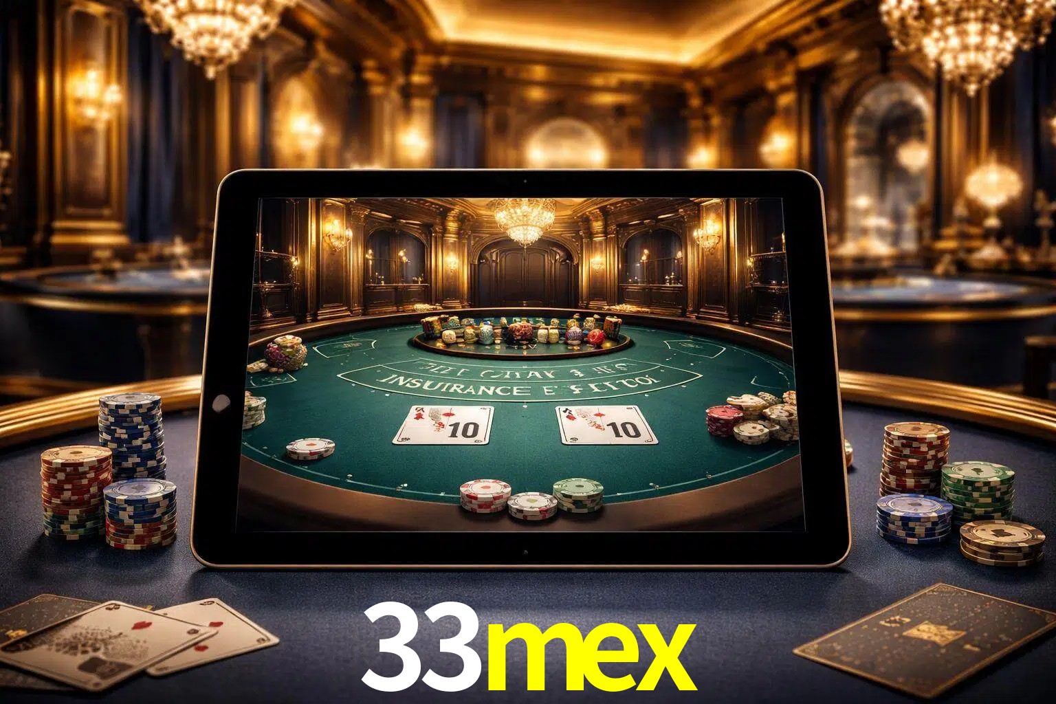 Configuración moderna de casino en vivo con una tableta mostrando una mesa de blackjack, luces cálidas de estudio y una atmósfera elegante de juegos digitales.