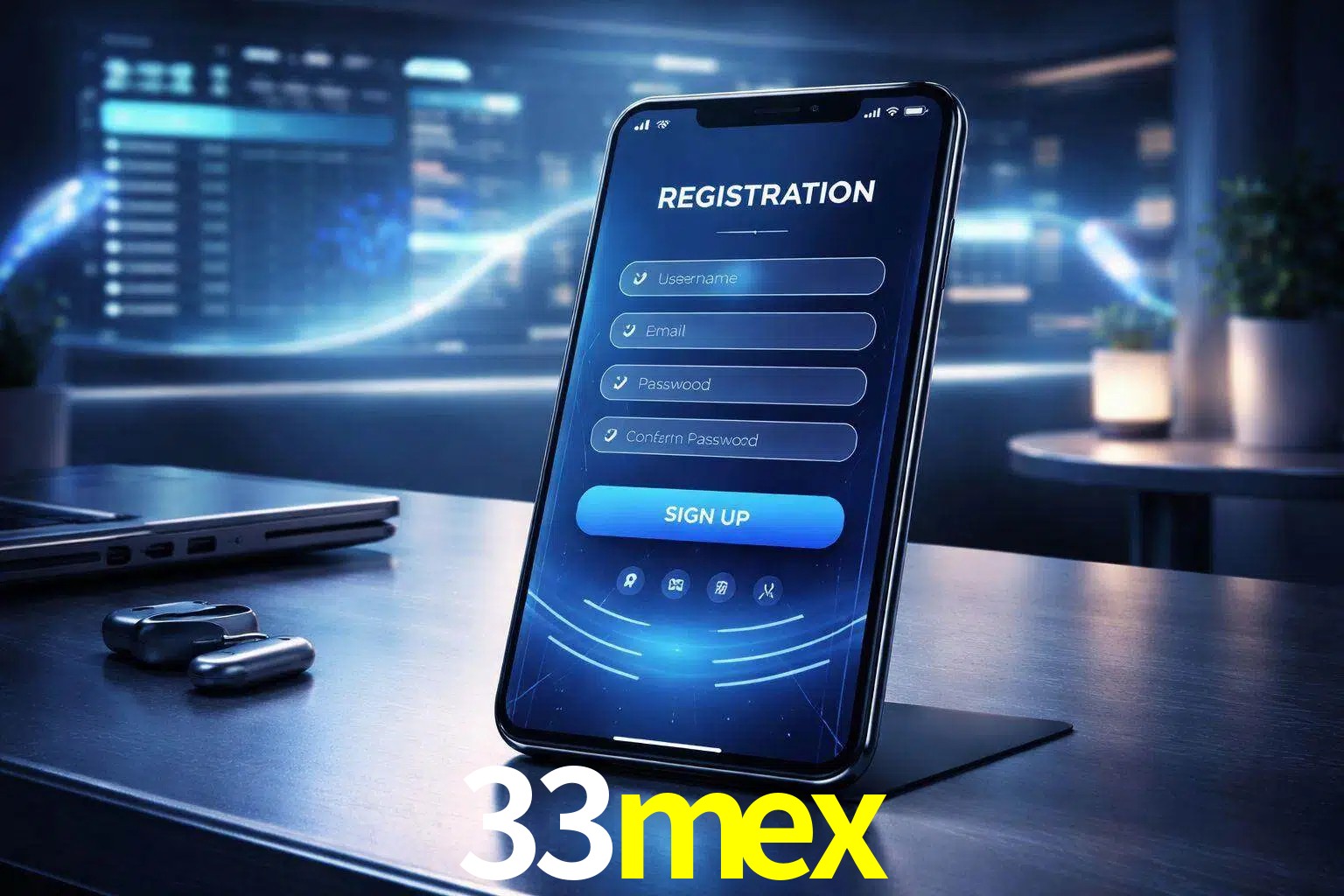 Una interfaz moderna de registro móvil para 33mex mostrada en un smartphone con un panel de apuestas elegante.